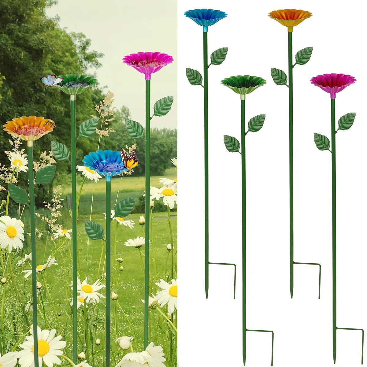 4 Stück Bienentränke für den Garten, Bienen Insektentränke Garten, Blumenform Bienenbecher, Schwimmende Bienentränken Balkon Gartendeko Metall Bienen Trinkbecher ( Rosa,Blau,Grün,Gelb)