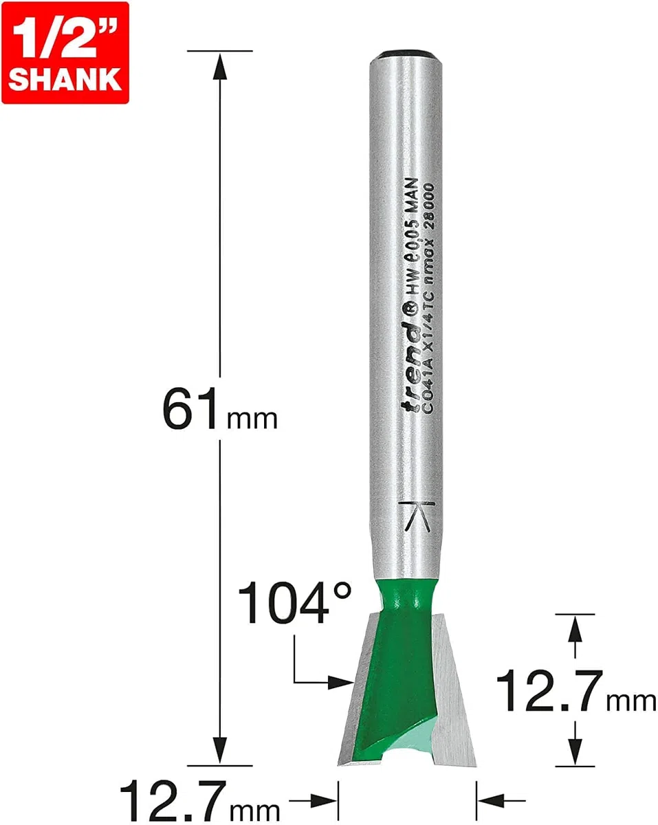 Trend C041AX1/4TC Craft Pro 1/4-Zoll-Schaft Schwalbenschwanz-Fräser, C041AX1/4TC X Durchmesser Schnittlänge 12,7 mm, Wolframkarbid-Spitze, Silber