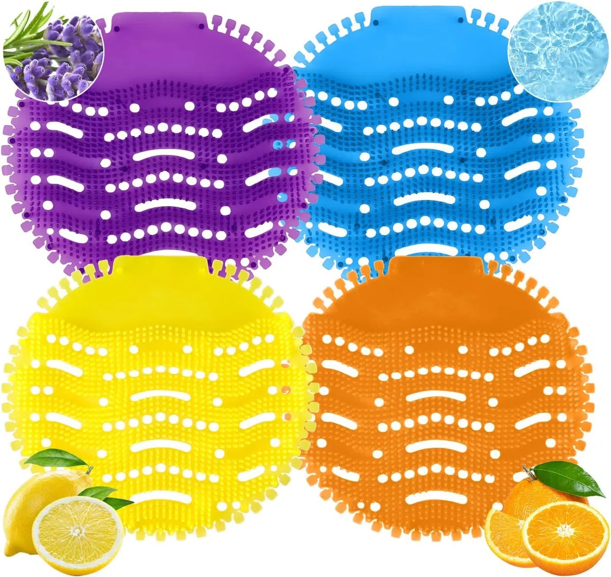 12 Pcs Urinal Screens Deodorizer, Urinal Mats Scented Splash Mat Deodorizer Fresh Pads for Bathroom, Toilet, Restaurants, Offices, Schools, Hotels (Yellow & Purple & Blue & Orange)