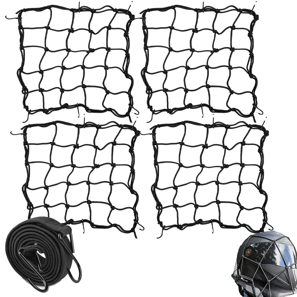 4 Stücke Motorrad Gepäcknetz, Sicherungsnetz Mit Haken, Elastisch Helmnetz, Kommt Mit Einem Motorrad-Umreifungsseil, Das zum Befestigen von Motorradhelmen Oder Gepäck Geeignet ist (Schwarz)