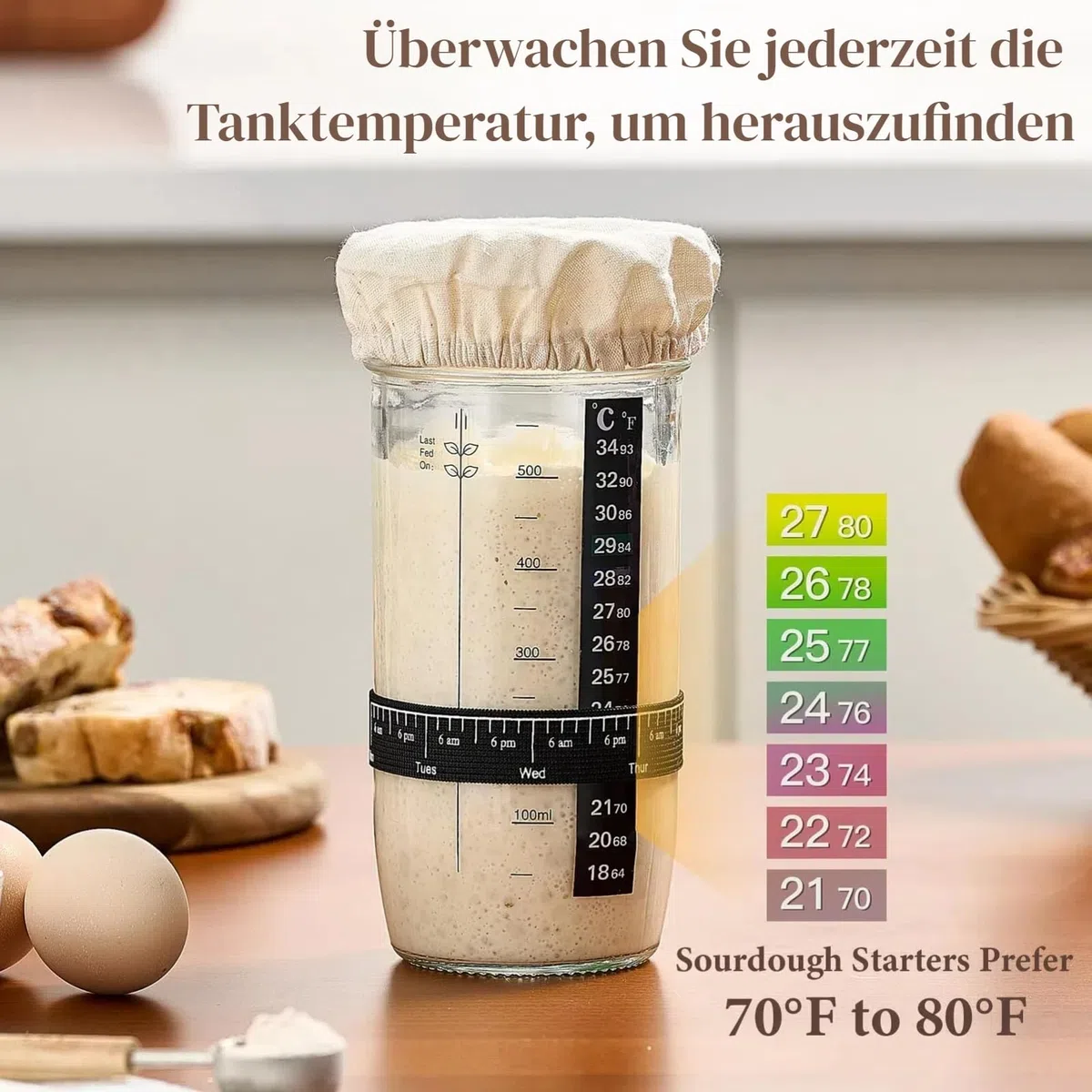 Sauerteig Starter Set,730ml Sauerteig Glas mit Sauerteig Zubehör, Silikon-Spatel, Thermometerpapier, Cloth Cover, Metall-Deckel,8 Etiketten,Stift,Sauerteigbehälter für Fermentieren (A)
