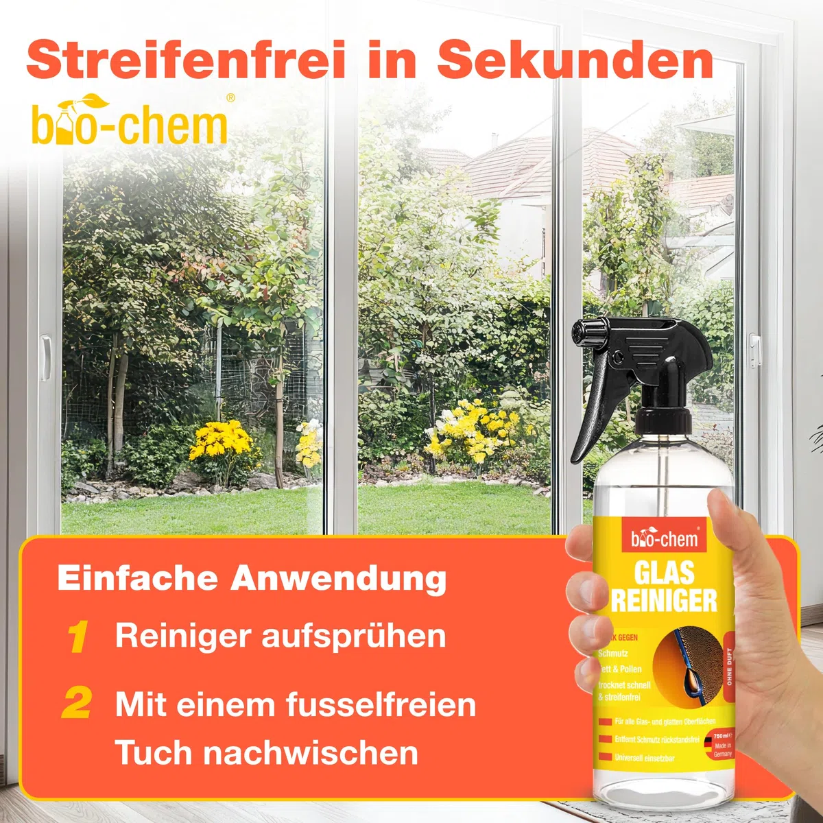 bio-chem Glasreiniger Hochglanzreiniger 750ml | Für Glasflächen, Spiegel, Fenster, Autoscheiben, Küchenfronten und lackierte Oberflächen
