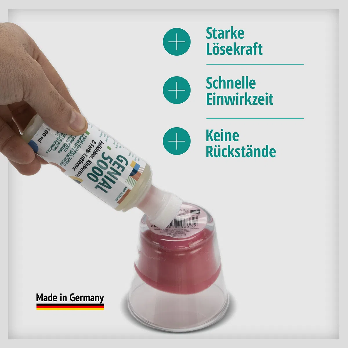 Genial 5000 - Professioneller Klebstoff-Entferner 250ml mit leerer 100ml-Schaumflasche - Effektiver Etikettenlöser für hartnäckige Flecken und Kleber, ideal für Haushalt, Büro und Werkstatt