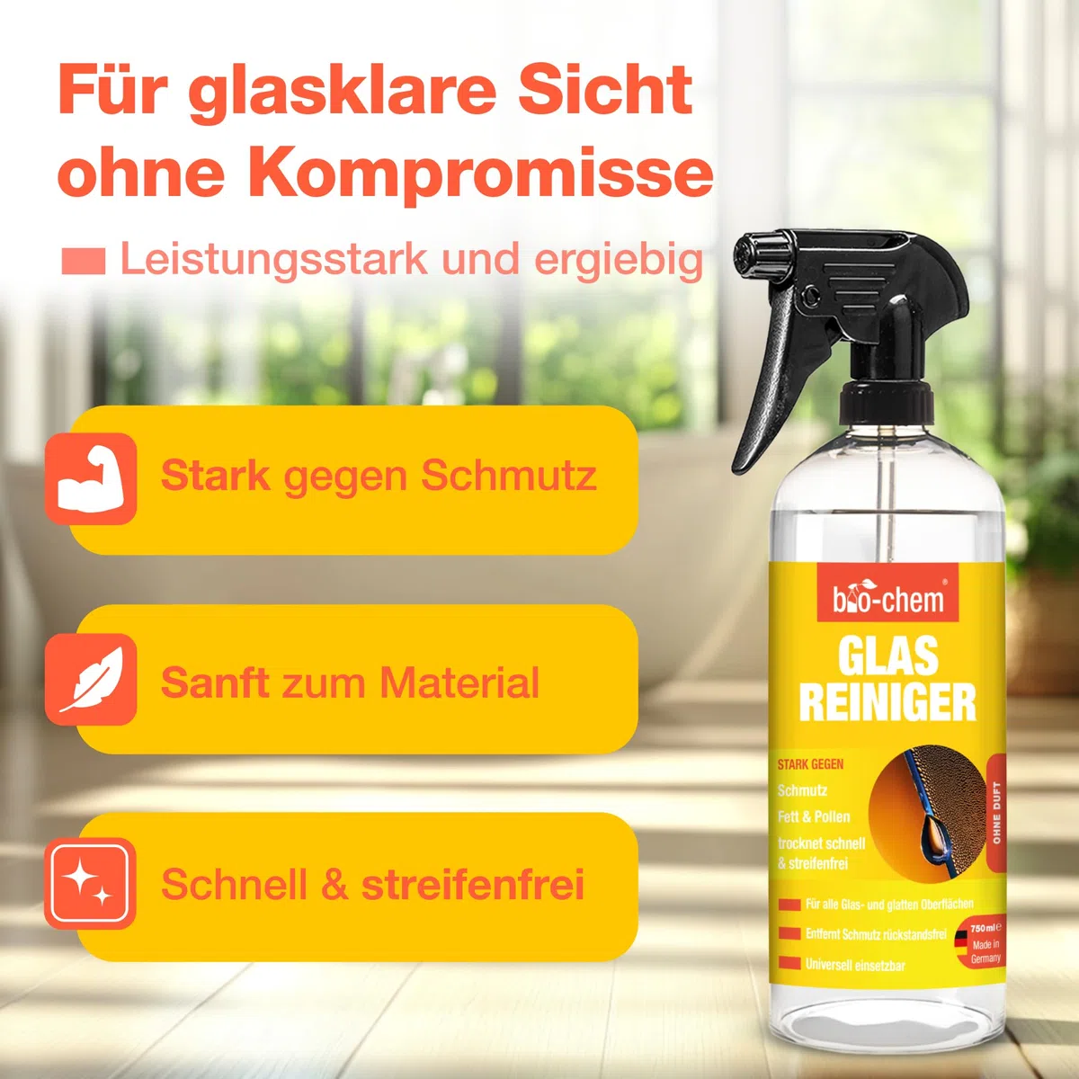 bio-chem Glasreiniger Hochglanzreiniger 750ml | Für Glasflächen, Spiegel, Fenster, Autoscheiben, Küchenfronten und lackierte Oberflächen