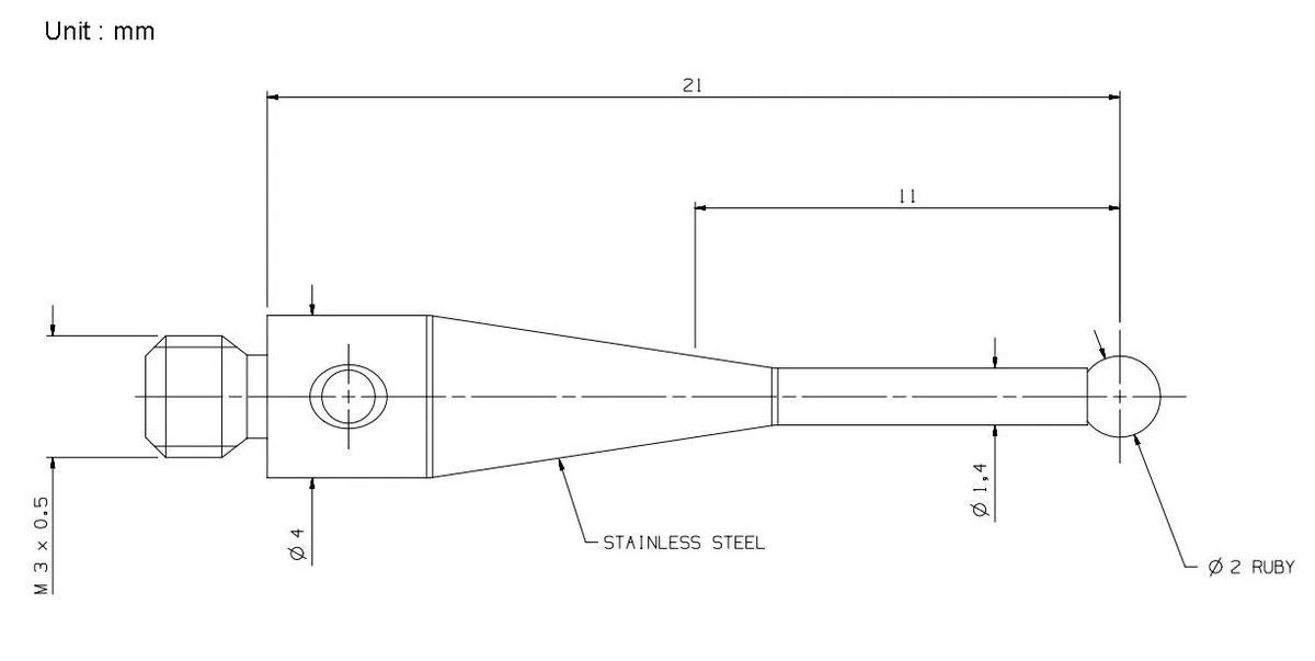 Tastereinsätze für taktile Messtaster M3 Gewinde 21mm Länge Schaft aus rostfreiem Stahl 2mm Rubinkugel A-5000-3552