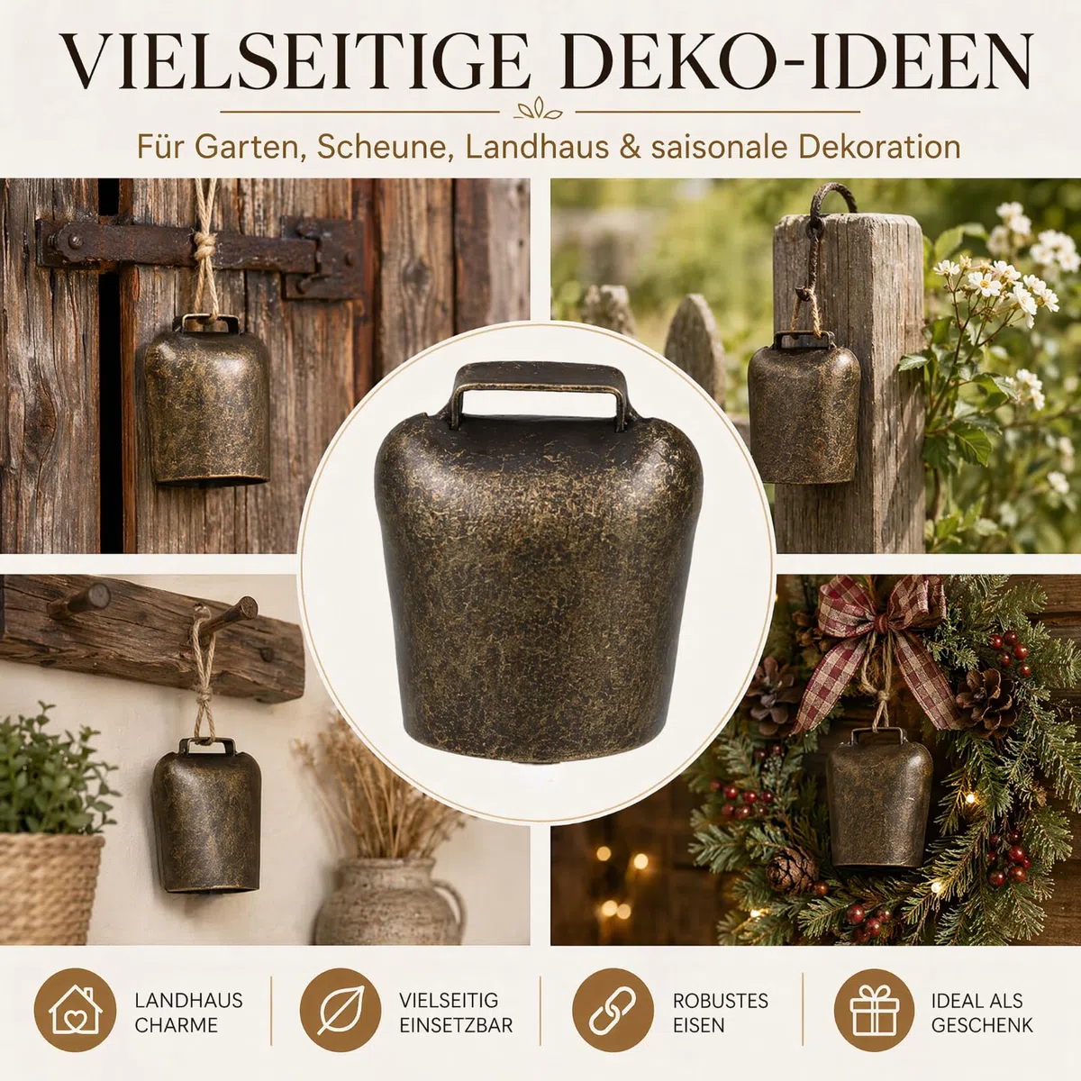 Toyvian Kuhglocken 2 Stück aus Eisen, 6,3 cm Tierglocken für Schafe, Ziegen & Kühe, laute Weideglocken in Antik-Bronze, Glocke zum Aufhängen, rustikale Hängedeko für Bauernhof