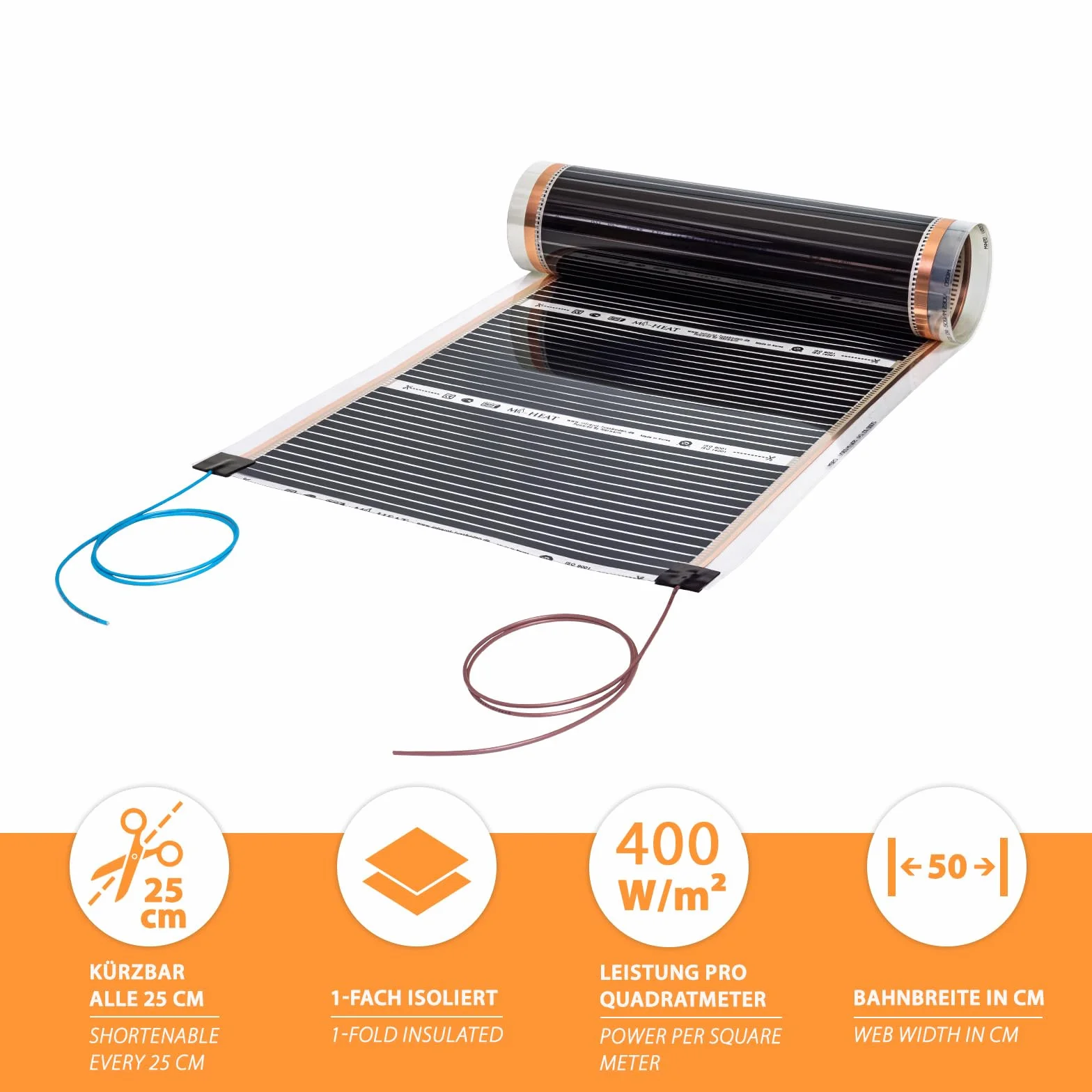 1,0m High Power Carbon Infrarot Heizfolie 230V 50cm breit 400W/m² - Für Oberflächentemperierung, Prototypenbau, Pressformen, Maschinenbau