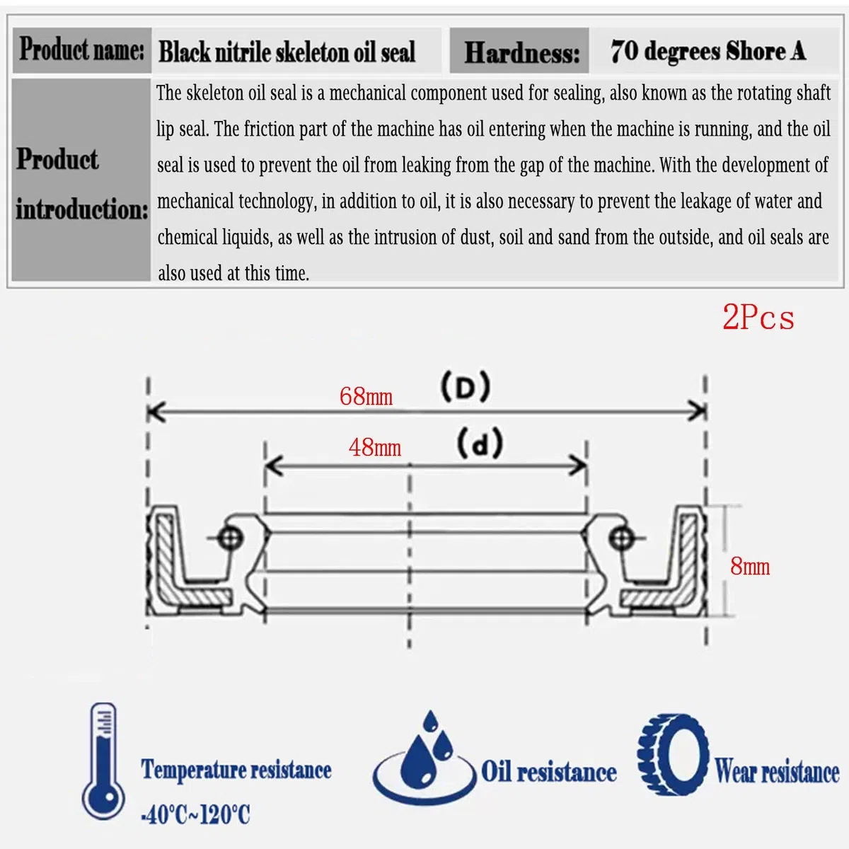 Oil Seal, TC 48mm x 68mm x 8mm(IDxODxL), Skelett-Öldichtung aus Nitrilkautschuk Packung mit 2