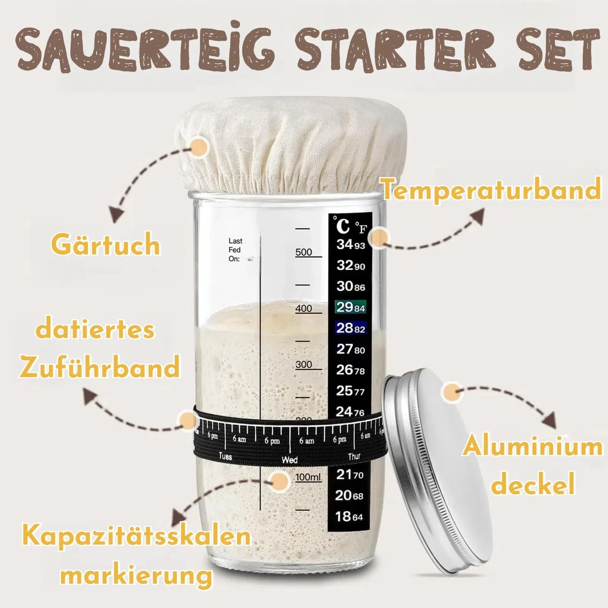 Sauerteig Starter Set,730ml Sauerteig Glas mit Sauerteig Zubehör, Silikon-Spatel, Thermometerpapier, Cloth Cover, Metall-Deckel,8 Etiketten,Stift,Sauerteigbehälter für Fermentieren (A)