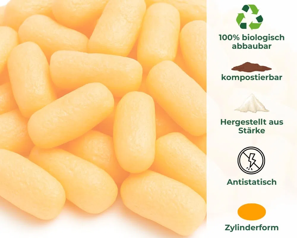 Verpackungschips Orange Zylinderform Bio | aus Maisstärke | 100% biologisch abbaubar und kompostierbar Füllchips Polsterchips Polstermaterial Füllmaterial (100)