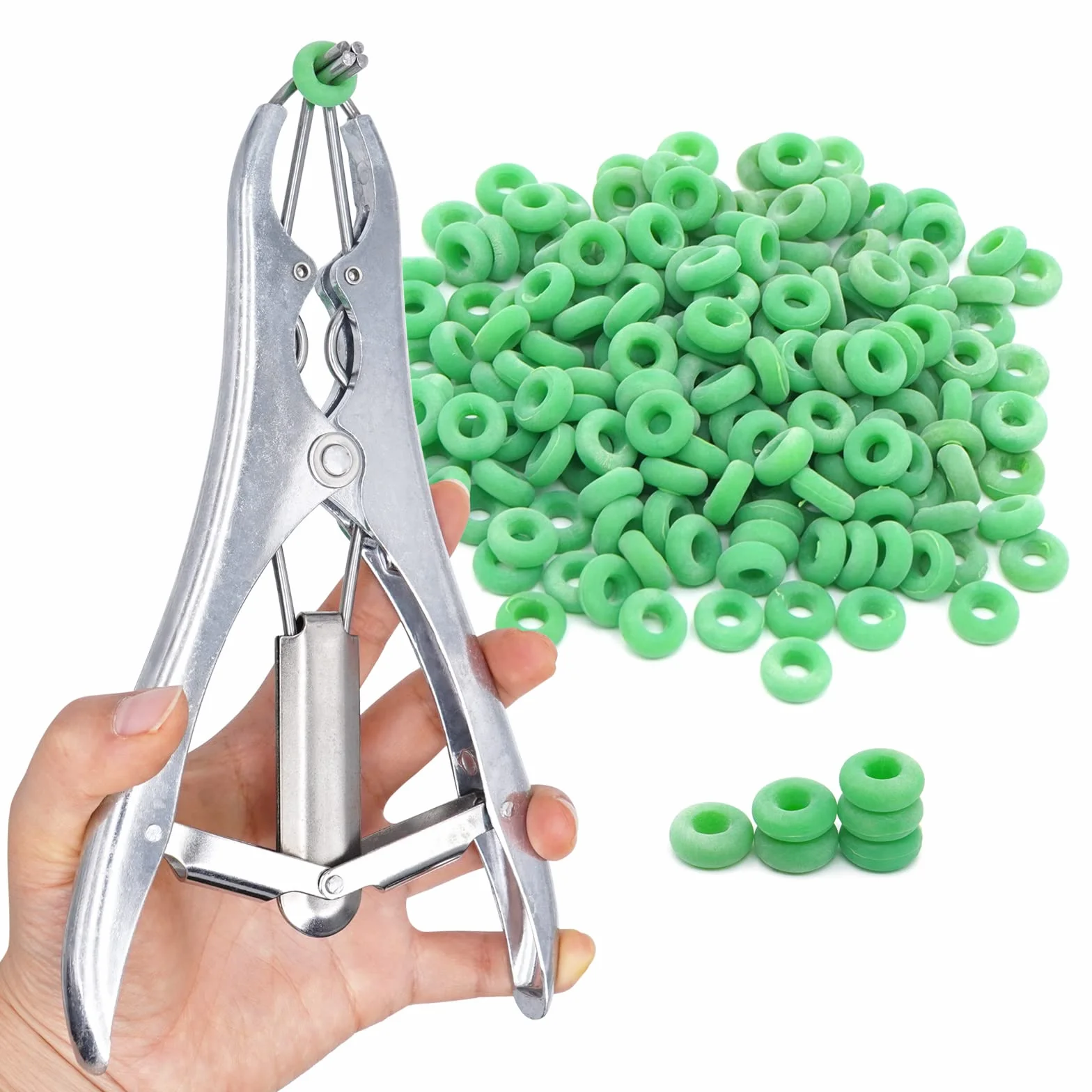 Edelstahl Kastrationszange Mit 200 Gummiringen, Flexible Kastrationszange für Rinder, Schafe und Schweine (ZufäLlige Farben)