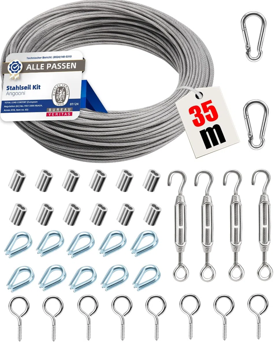 Angooni 35 m Stahlseil Set, Verdickt 2 mm Edelstahl Drahtseil, M5 Seilspanner Edelstahl Spannschloss, M5 Wandhaken, Stahlseil mit ösen, Rankhilfen für Kletterpflanzen, Gardinenseil, Zaun