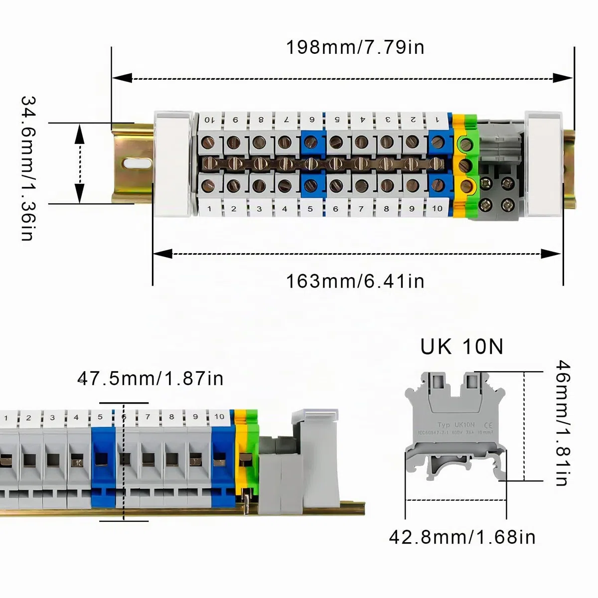 Reihenklemmen Hutschiene UK/10N, 10mm² Schienenanschlussblock- Kit mit 20cm Schiene und Klemmenblock Zubehör, Durchgangsklemmen-Kit mit für Produktionsautomatisierung, Schaltungsumwandlung