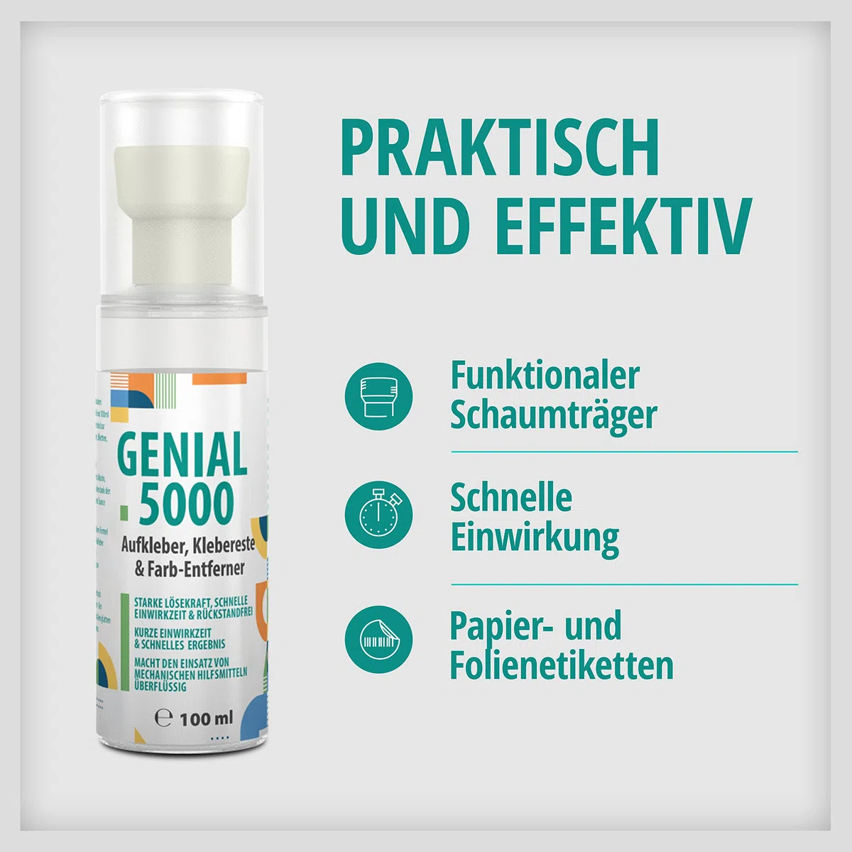 Genial 5000 - Professioneller Klebstoff-Entferner 250ml mit leerer 100ml-Schaumflasche - Effektiver Etikettenlöser für hartnäckige Flecken und Kleber, ideal für Haushalt, Büro und Werkstatt
