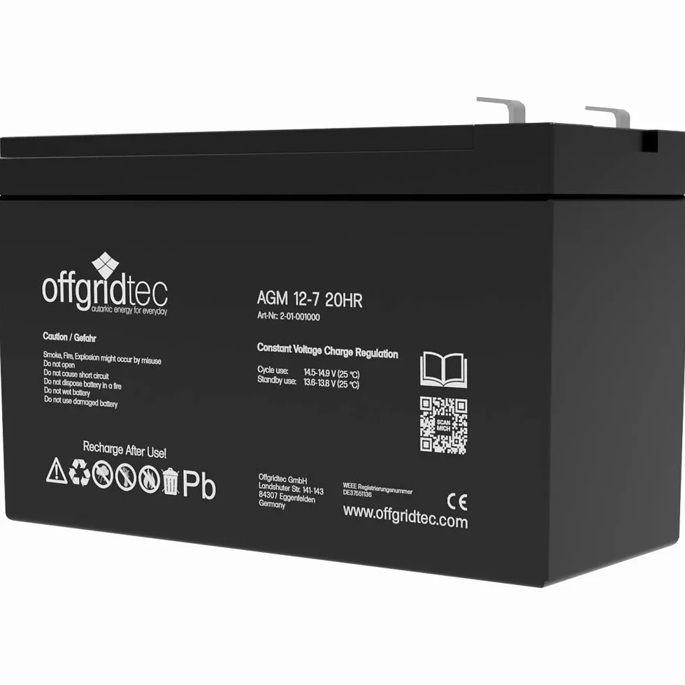 Offgridtec AGM 7Ah 20HR 12V Solarbatterie VRLA, Deep‑Cycle AGM Speicher für Solar‑ & Hybridanlagen, Niedrige Selbstentladung, Wartungsfrei, Auslaufsicher, Lange Lebensdauer, 2‑Jahres‑Garantie