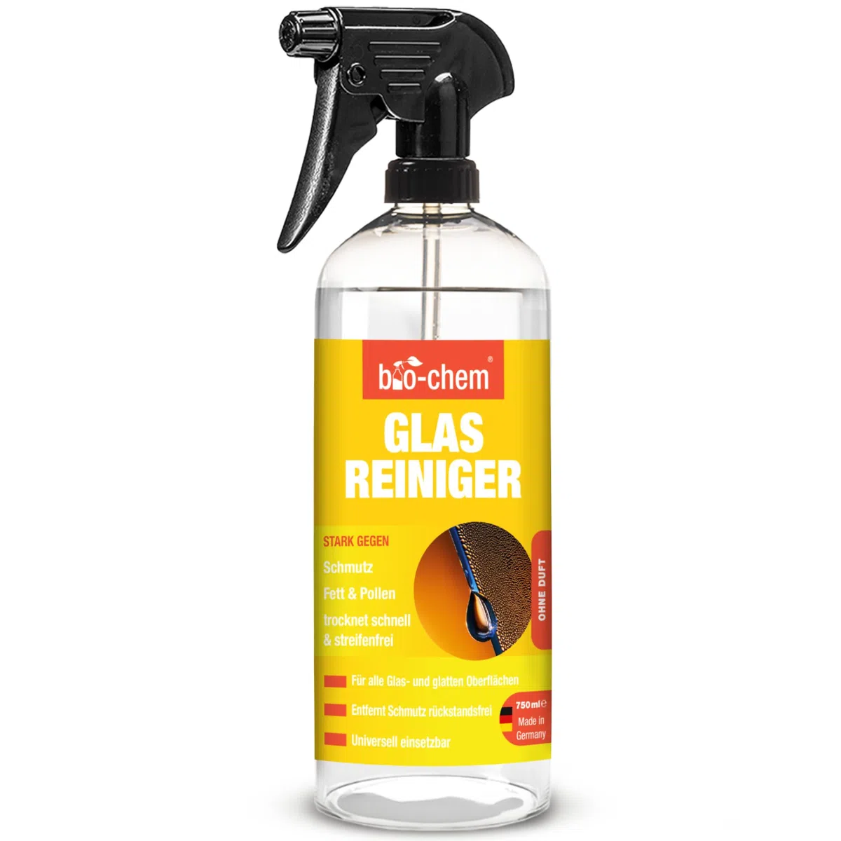 bio-chem Glasreiniger Hochglanzreiniger 750ml | Für Glasflächen, Spiegel, Fenster, Autoscheiben, Küchenfronten und lackierte Oberflächen