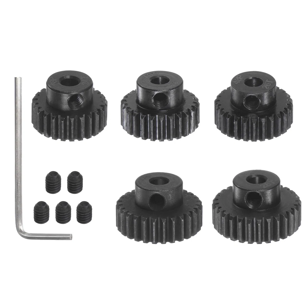 sourcing map 48P gehärteter Ritzelmotor Zahnradsatz, 5 tlg. 24T 25T 26T 27T 28T, passend für 1/8 Zoll RC Motorwelle, 48 Teilungszahnräder für RC Autos, mit Innensechskantschlüssel