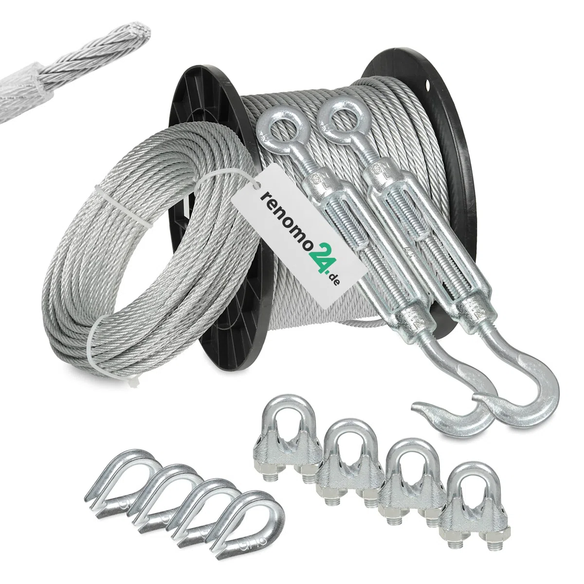 Drahtseil Set 4 - Stahlseil 20m 4mm 6x7 verzinkt und ummantelt, 2x Spannschloss Haken/Öse, 4x Bügelklemmen, 4x Kauschen