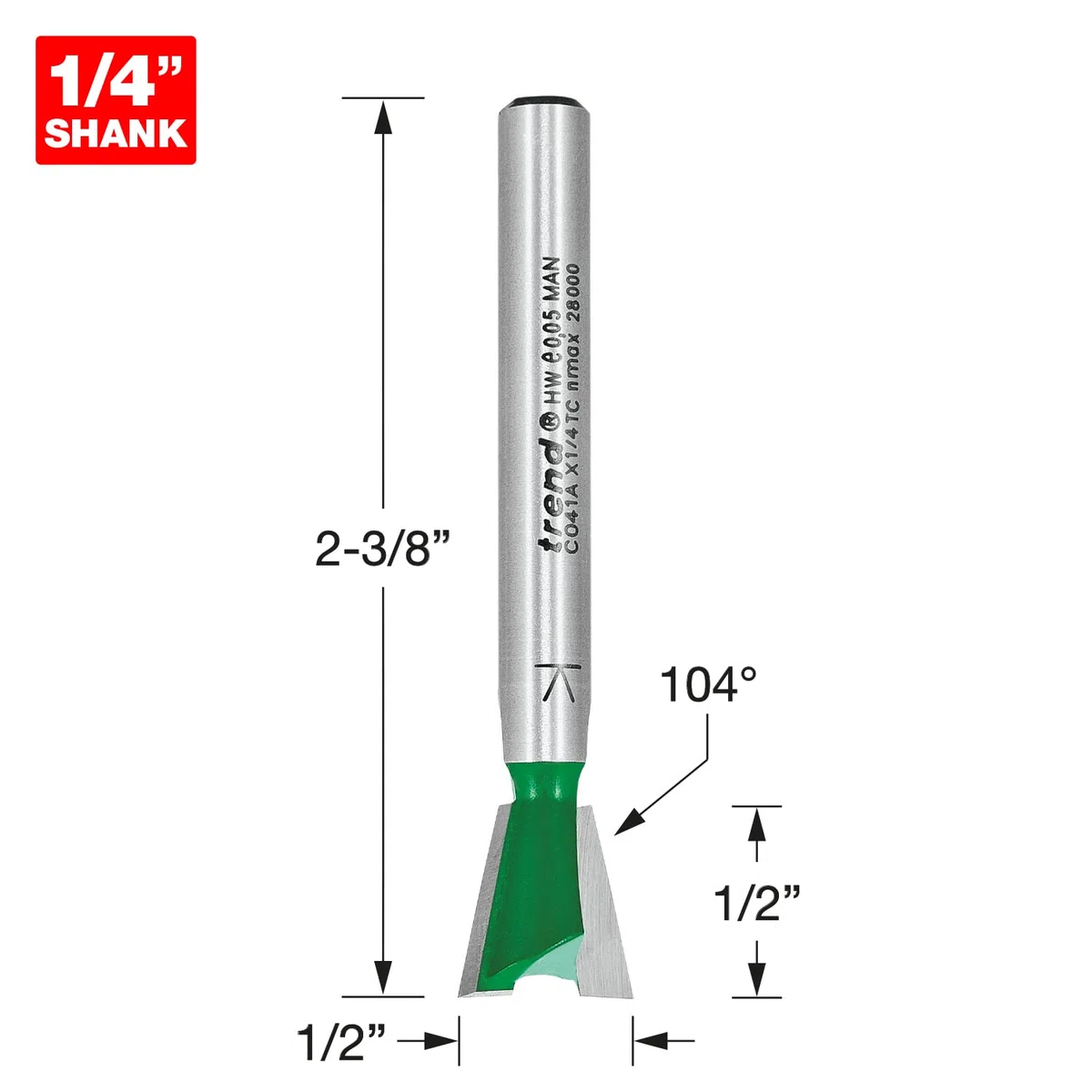 Trend C041AX1/4TC Craft Pro 1/4-Zoll-Schaft Schwalbenschwanz-Fräser, C041AX1/4TC X Durchmesser Schnittlänge 12,7 mm, Wolframkarbid-Spitze, Silber