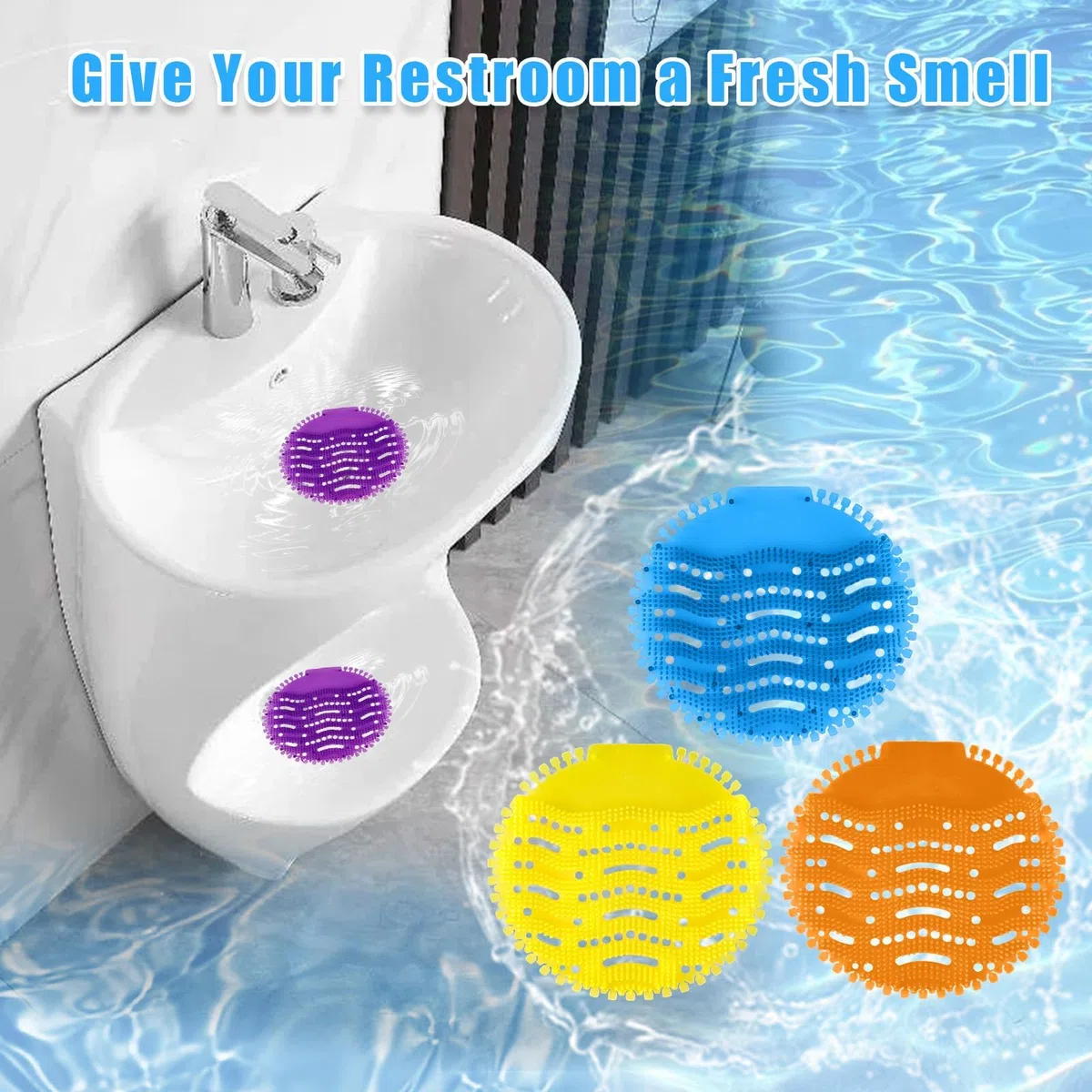 12 Pcs Urinal Screens Deodorizer, Urinal Mats Scented Splash Mat Deodorizer Fresh Pads for Bathroom, Toilet, Restaurants, Offices, Schools, Hotels (Yellow & Purple & Blue & Orange)