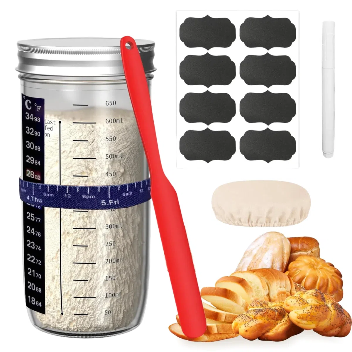 Sauerteig Starter Set,730ml Sauerteig Glas mit Sauerteig Zubehör, Silikon-Spatel, Thermometerpapier, Cloth Cover, Metall-Deckel,8 Etiketten,Stift,Sauerteigbehälter für Fermentieren (A)