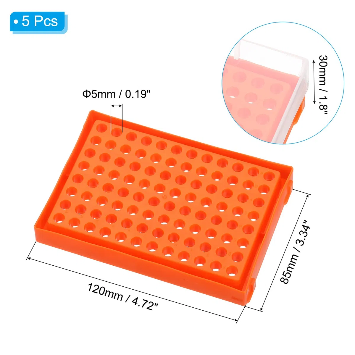 PATIKIL 96-Well PCR Tube Rack Für 0.2ml Teststreifenröhrchen 5 Stücke Wasserdichte Röhrchenfüllschale Zentrifugenröhrchenhalter Orange