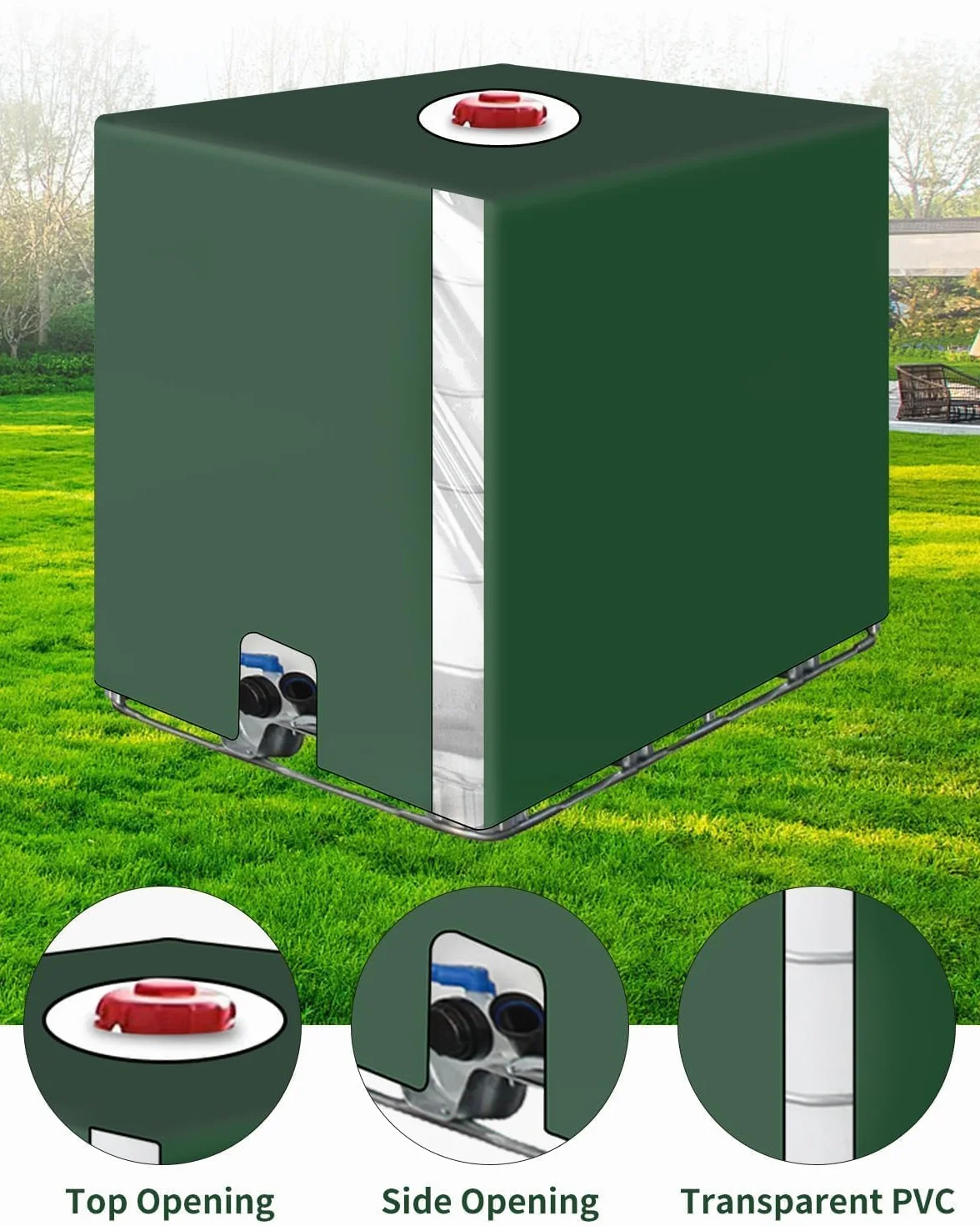 IBC Tankabdeckung 1000 Liter mit Öffnung oben, UV-Schutz, Staubschutz, Tankabdeckung, Grün (120 x 100 x 116 cm)