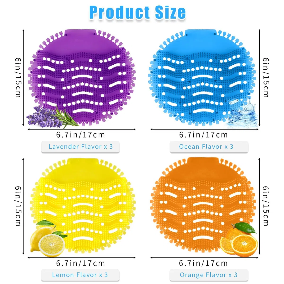 12 Pcs Urinal Screens Deodorizer, Urinal Mats Scented Splash Mat Deodorizer Fresh Pads for Bathroom, Toilet, Restaurants, Offices, Schools, Hotels (Yellow & Purple & Blue & Orange)