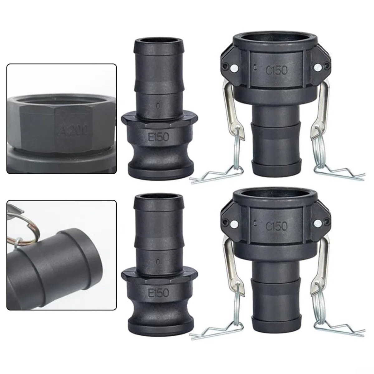 2 Stück 3,8 cm Camlock-Armaturen-Set, mit Teil C-Buchse und Teil E männlichem Adapter, Polypropylen-Schlauchverbinder, für sichere industrielle Flüssigkeitsübertragung