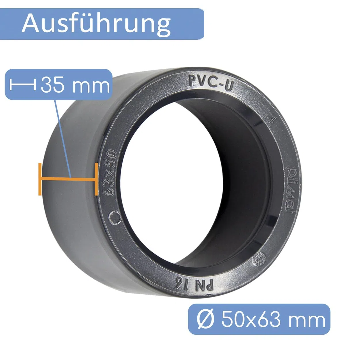 2x PVC Reduziermuffe 63mm auf 50mm I Reduzierung für 63 mm Muffen und 50 mm Rohre I Übergangsmuffe Fitting Klebemuffe Pool für Poolverrohrung I 2 auf 1 1/2 Zoll I bm185