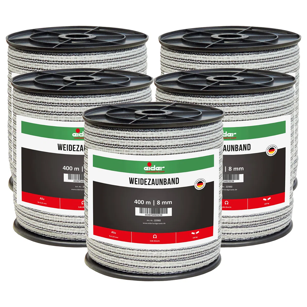 Eider Weidezaunband, 8 mm, weiß/schwarz - 400 m Rollen - sehr Gute Leitfähigkeit von nur 0,06 Ohm/m - Made in Germany (5 Rollen)
