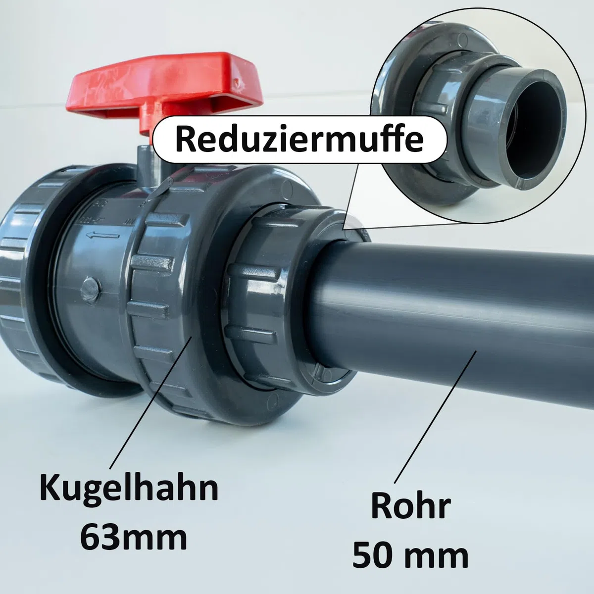 2x PVC Reduziermuffe 63mm auf 50mm I Reduzierung für 63 mm Muffen und 50 mm Rohre I Übergangsmuffe Fitting Klebemuffe Pool für Poolverrohrung I 2 auf 1 1/2 Zoll I bm185