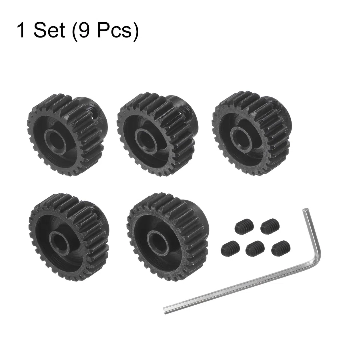 sourcing map 48P gehärteter Ritzelmotor Zahnradsatz, 5 tlg. 24T 25T 26T 27T 28T, passend für 1/8 Zoll RC Motorwelle, 48 Teilungszahnräder für RC Autos, mit Innensechskantschlüssel