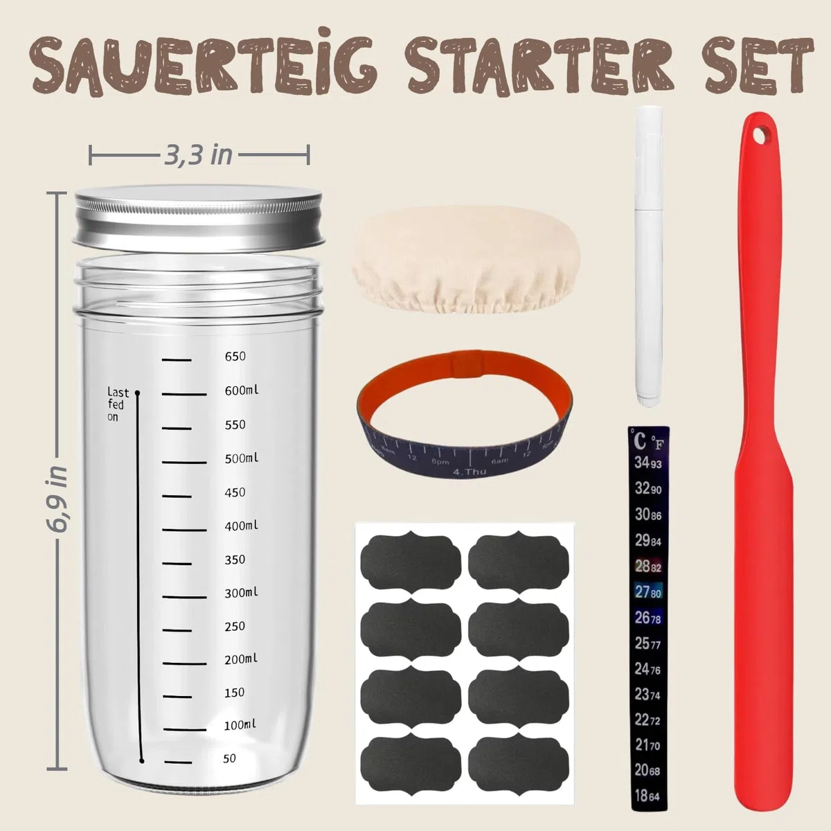 Sauerteig Starter Set,730ml Sauerteig Glas mit Sauerteig Zubehör, Silikon-Spatel, Thermometerpapier, Cloth Cover, Metall-Deckel,8 Etiketten,Stift,Sauerteigbehälter für Fermentieren (A)