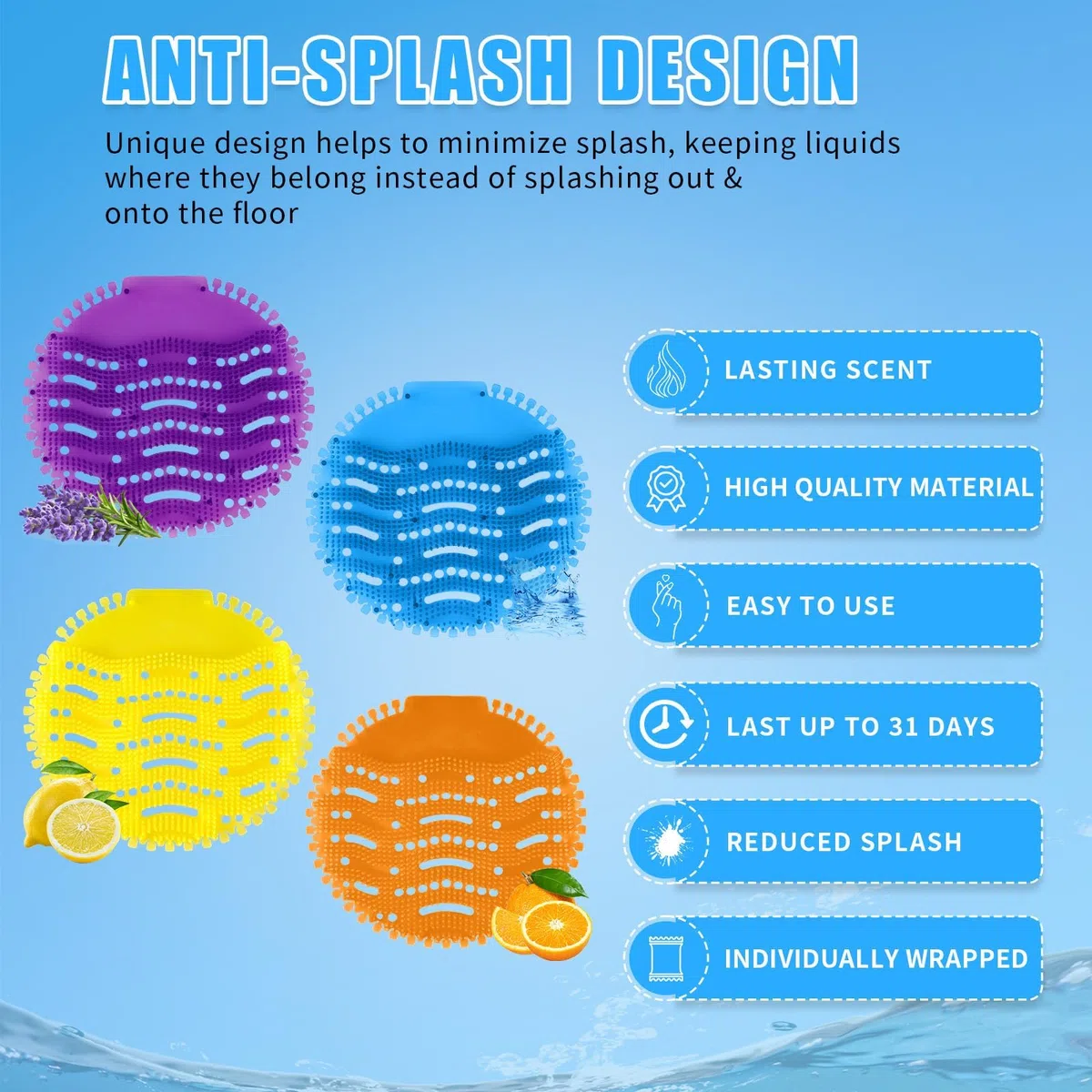 12 Pcs Urinal Screens Deodorizer, Urinal Mats Scented Splash Mat Deodorizer Fresh Pads for Bathroom, Toilet, Restaurants, Offices, Schools, Hotels (Yellow & Purple & Blue & Orange)