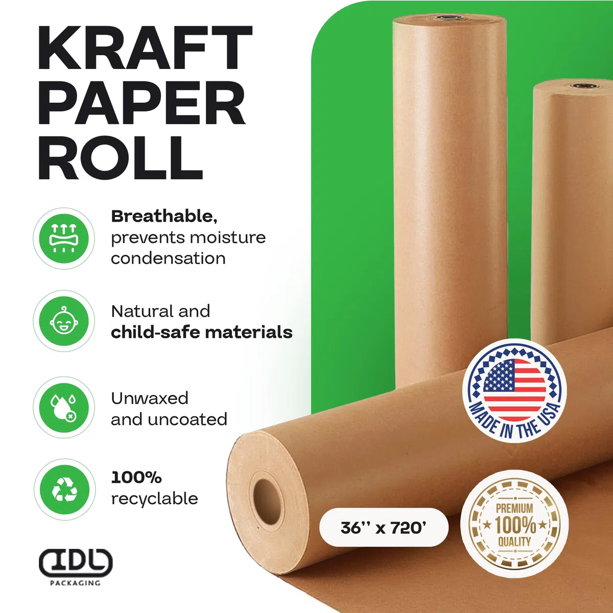 IDL Packaging 91,4 cm x 229,5 m, braunes Kraftpapier-Rolle, 22,7 kg (1 Stück) – strapazierfähiges Papier zum Verpacken, Umzug, Versand, Basteln, 100% recycelbares natürliches Kraft-Geschenkpapier