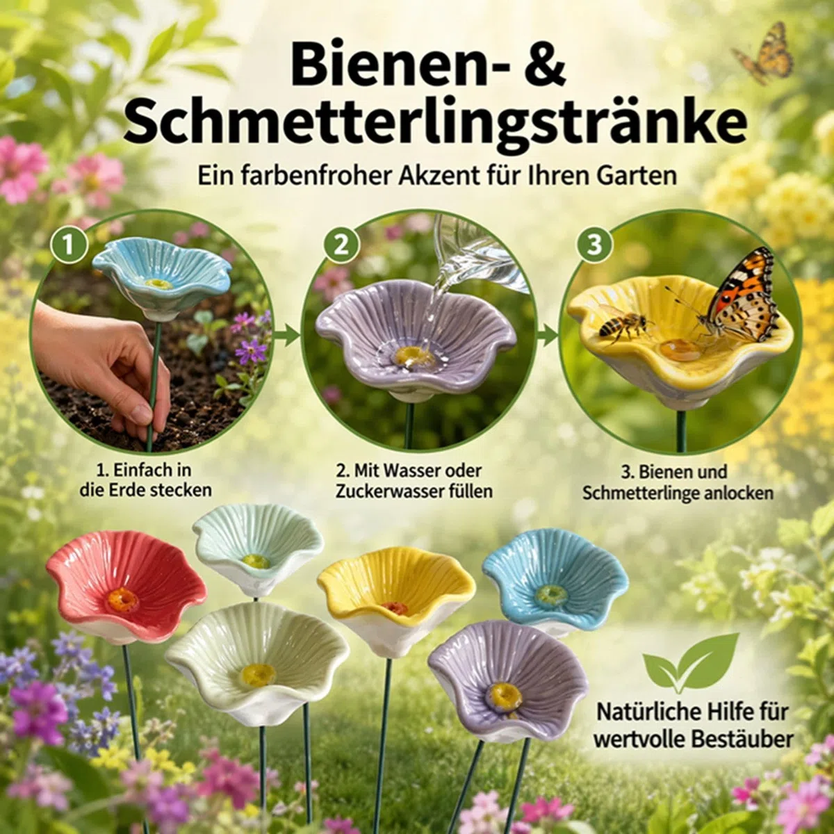 Bienentränke Keramik 6 Stück Insektentränke Garten 2026 Blumen Bienentränke Für Den Garten, Bienenblüten Wassertränke,Blüte Gartenstecker Geschenk Futternapf Für Honig, Spenders,Outdoor,Terrasse